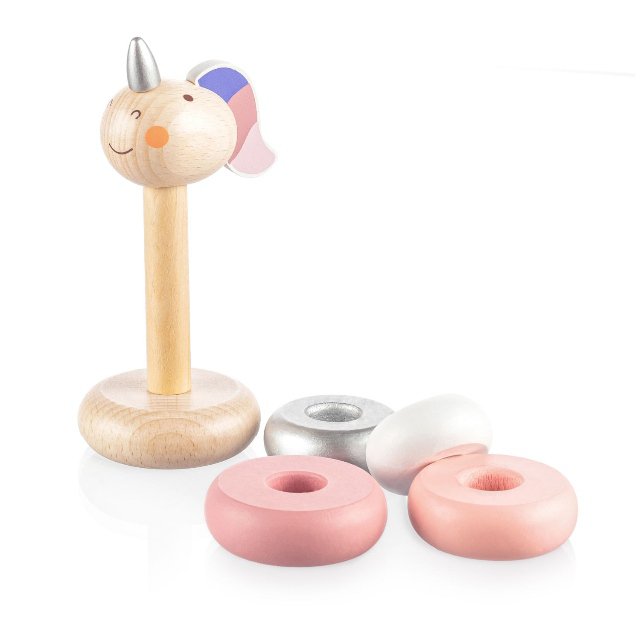 Dřevěné nasazovací kroužky jednorožec > varianta Pink