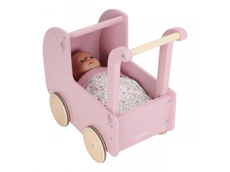 ittle Dutch Kočárek pro panenky dřevěný s peřinkou Pink